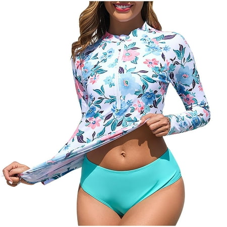 Hyknon Bathing Suit for Women 2025 Fashion Summer Conservative Two Piece Set Swim Suits Floral Printed Half Zipper Long Sleeve Sports Surfing Swimsuit with Boyshorts