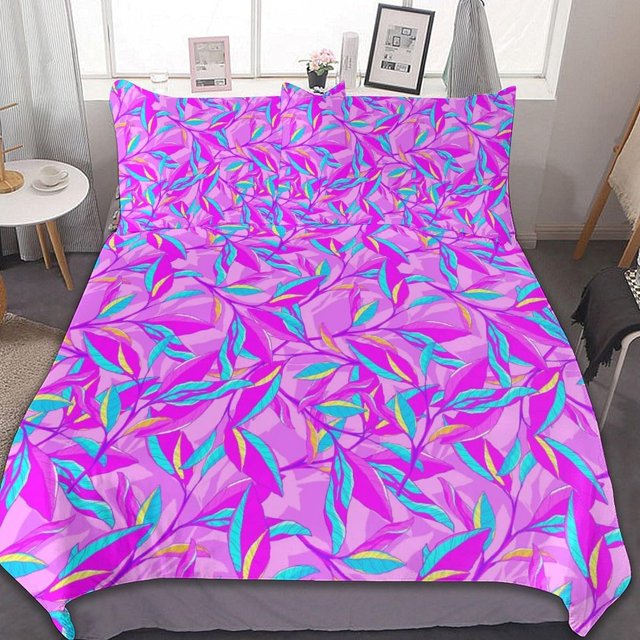 HAHDAXIA Colorful Plant Dress Pattern Bedding Solid Comforter Set for All Seasons,3 Pieces(1 Comforter+2 Pillowcases),Soft Microfiber Bedding Set Queen(90"x90")
