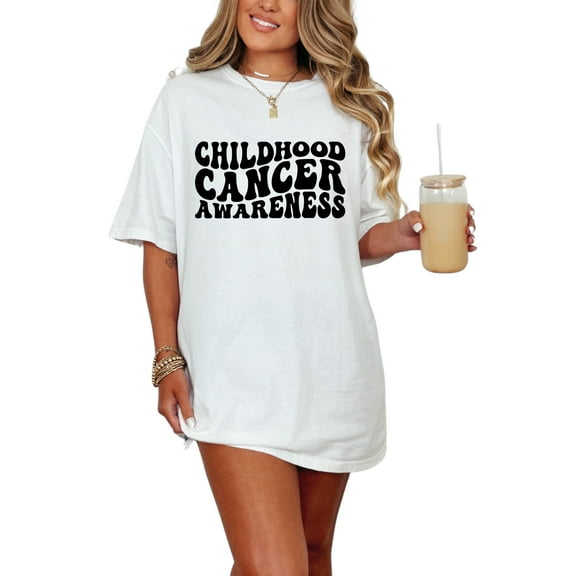 Childhood Cancer Awareness, Health Care Themed, Groovy Retro Wavy Text, White Comfort Colors T-Shirt, Small