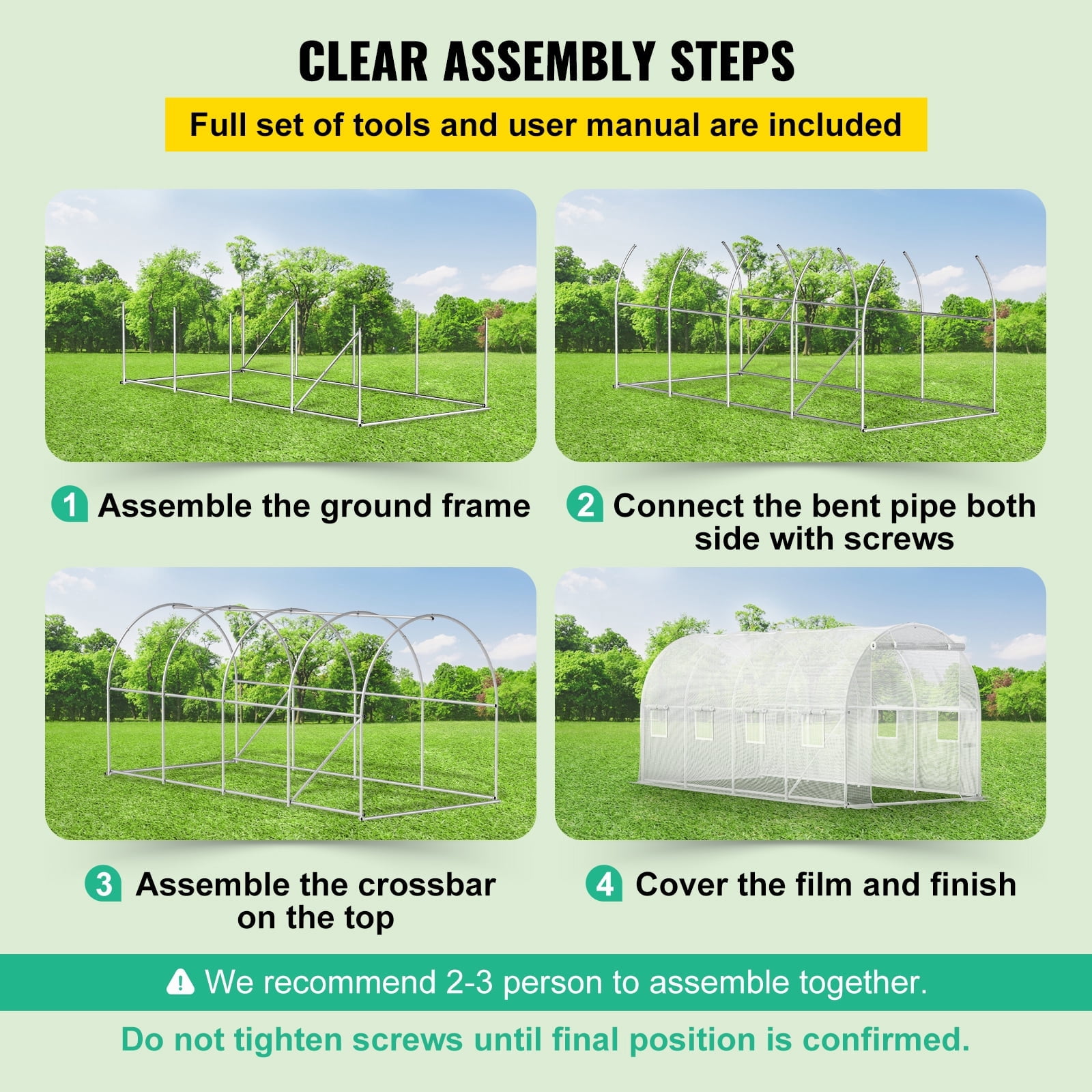 KFFKFF 15 x 6.5 x 7 ft Walk-through Tunnel Greenhouse, Movable Plant Warm House with Galvanized Steel Arches, Single Top Beam, Diagonal Rods, Zipper Entrance & 8 Roll-up Windows, White