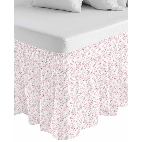 Pink Spring Floral Wrap Around Bed Skirts for California King Bed 18" Drop,Bed Skirt with Adjustable Elastic Belt Dust Ruffle Bed Valance Elegant Watercolor Summer Botanical Bed Frame Cover
