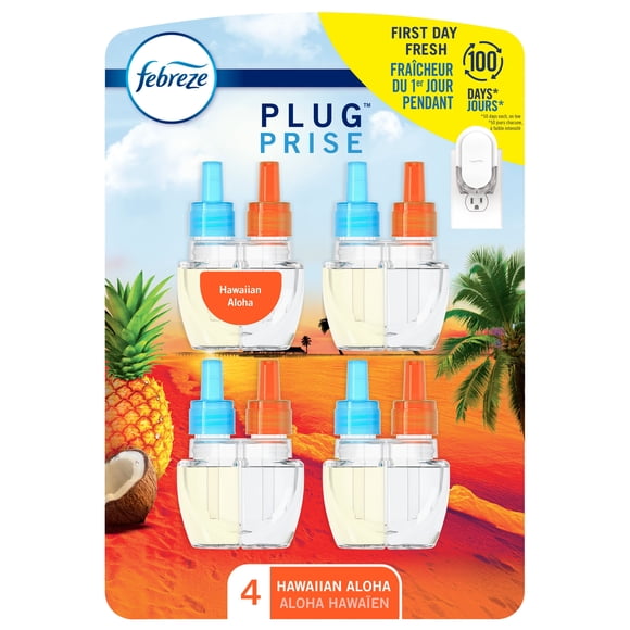 Assainisseur d’air à brancher Febreze, recharge d’huile parfumée qui combat les odeurs, parfum Aloha hawaïen, 4 recharges