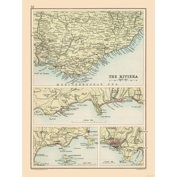 Historic Map - French Riviera France - Bartholomew 1892 - 23 x 30.60 - Vintage Wall Art
