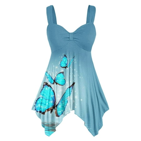 

nsendm Women Fashion Sexy Sling V Neck Top Floral Print Blouse Females Casual Blouse Loose Front Knot Sleeveless 34b Shelf Bra Vest Sky Blue Large