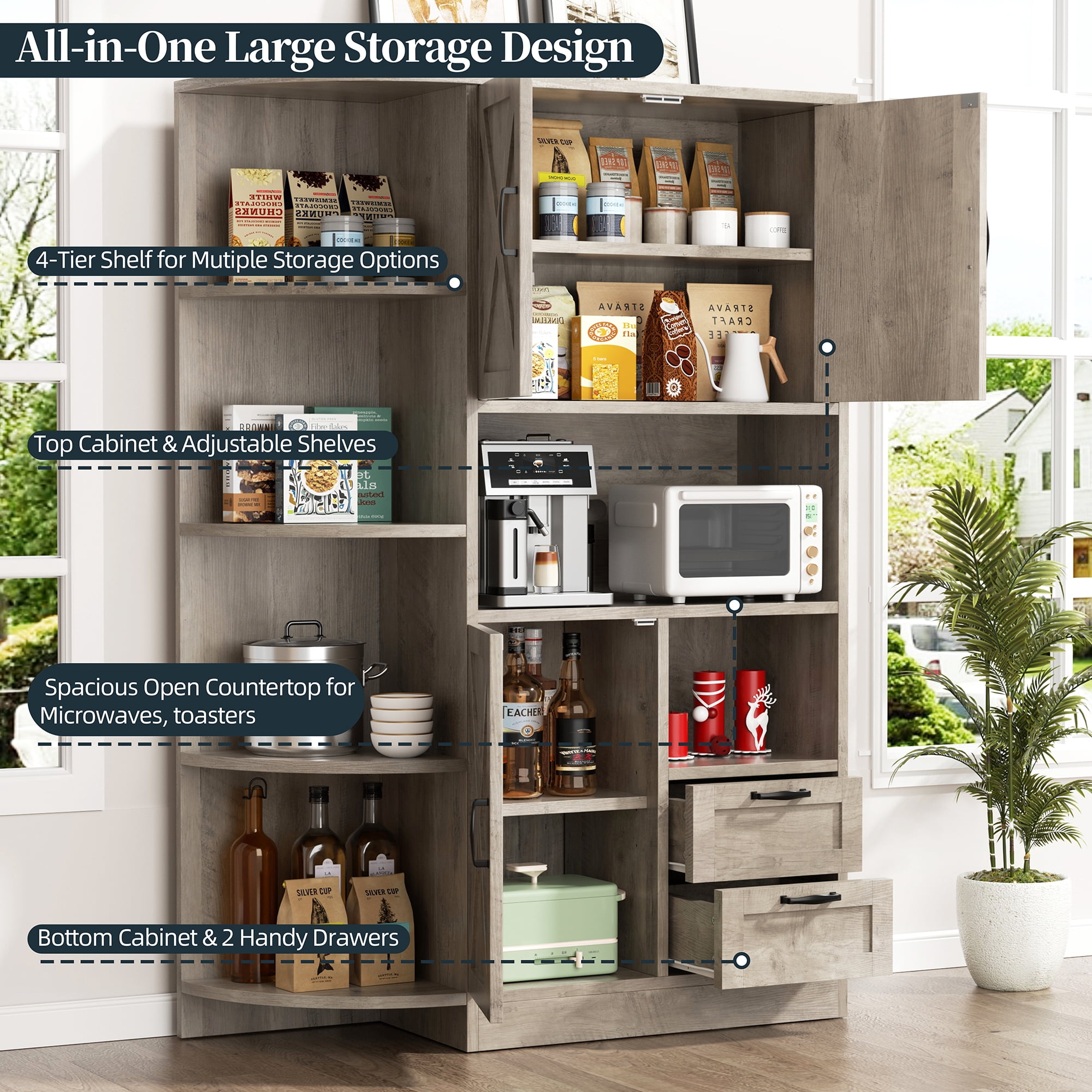 Walsunny Pantry Cabinets with Microwave Shelf Coffee Bar Counter