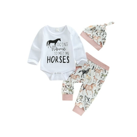 

KelaJuan Infant Girl Autumn Jumpsuit Set Long Sleeve Round Neck Letter Print Romper + Horse Pattern Pants + Hat