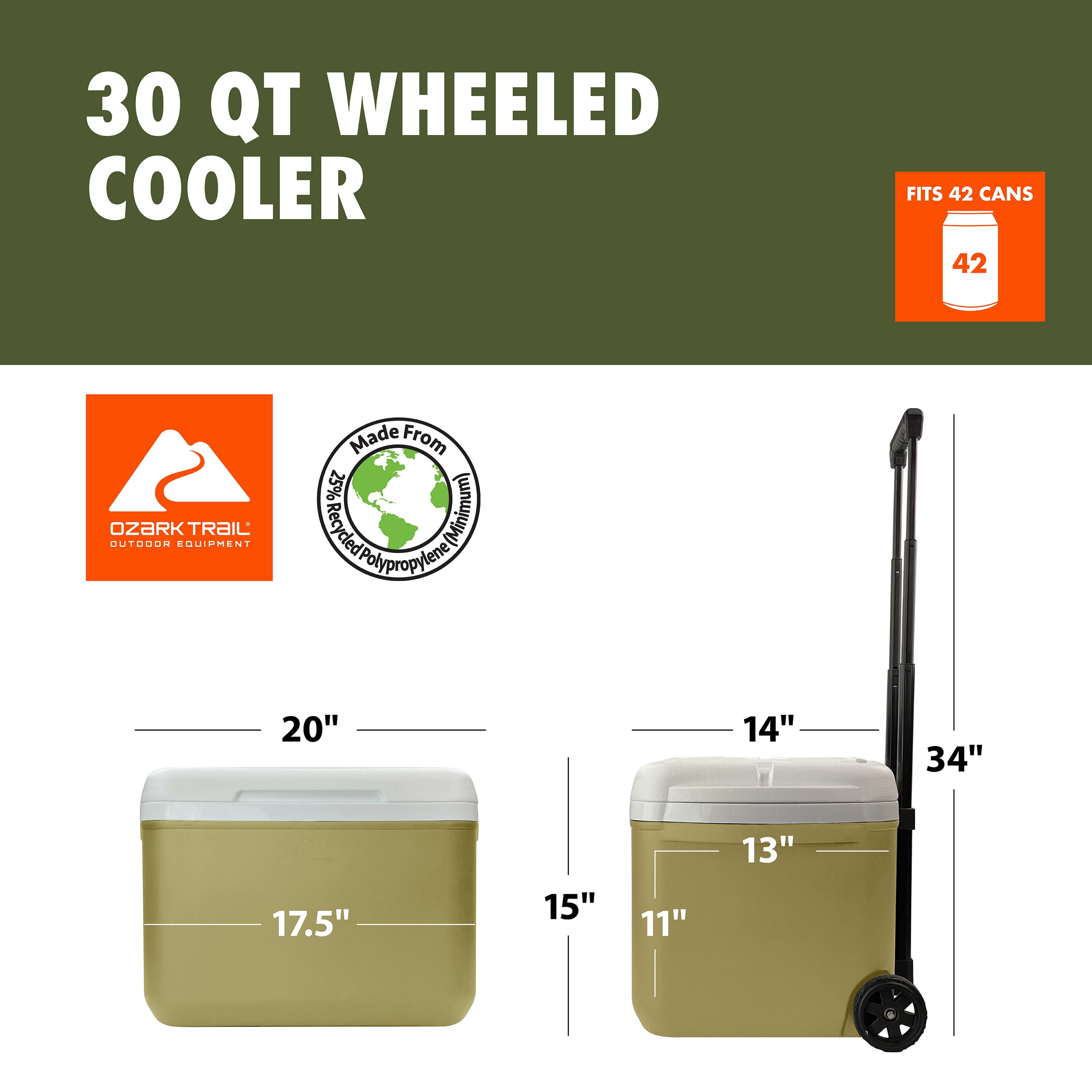Ozark Trail 30 Quart Capacity Hard Side Wheeled Cooler, 42-Can, Gold
