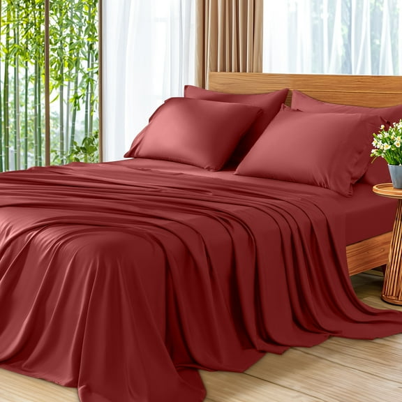 SONORO KATE 6 Pieces Bamboo Bed Sheets Set, Luxury Rayon Derived - Deep Pockets - Wrinkle Free - Extremely Soft, Queen, Burgundy