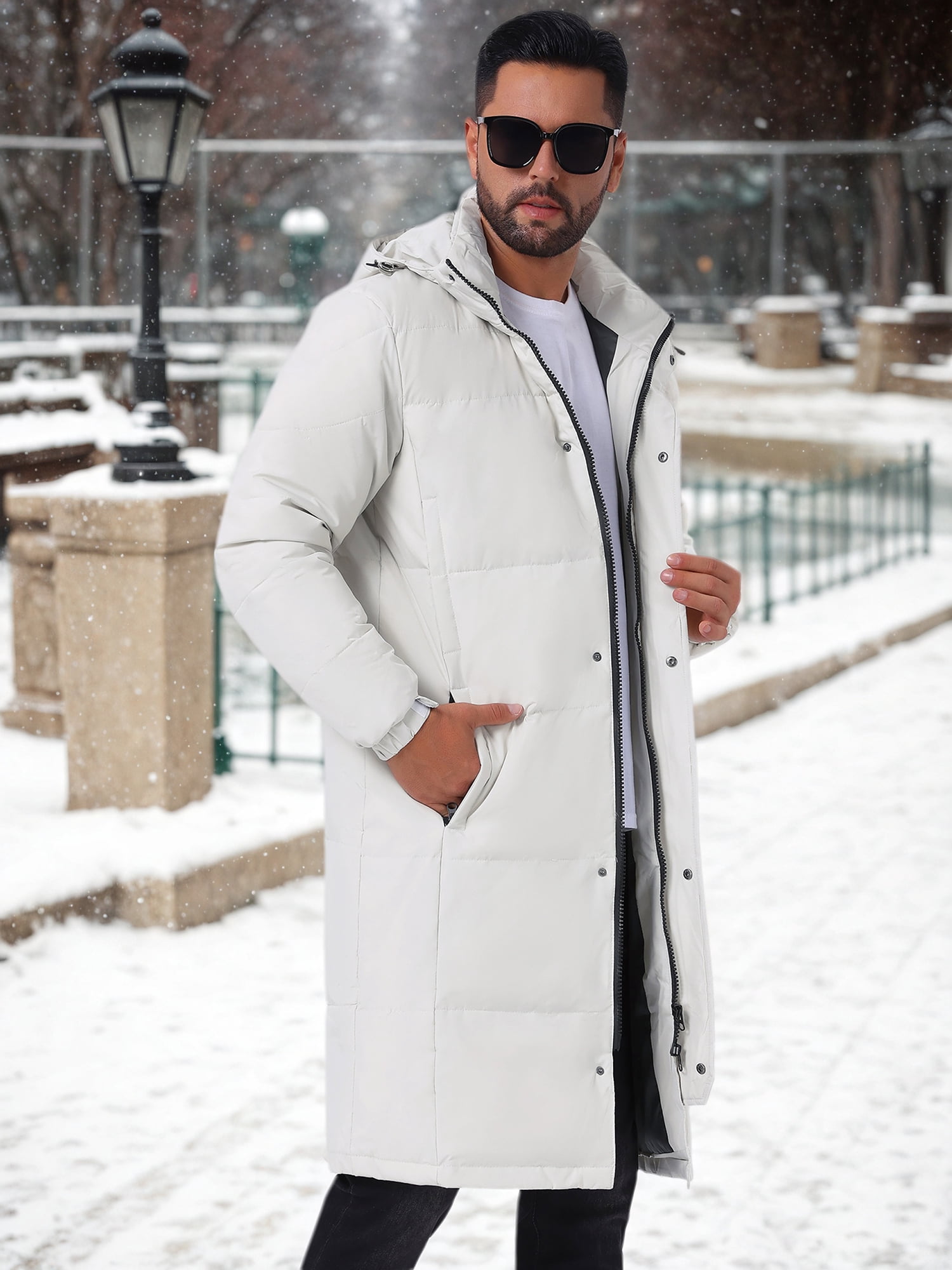 DARING DIVA Men's Full-Zip Detachable Hooded Long Quilted Puffer Jacket M White