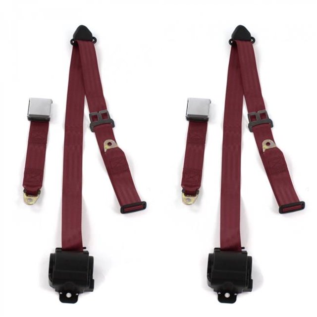 Airplane 3 Point Burgundy Retractable Bucket Seat Belt Kit for Chevy II 1966-1967 - 2 Belts