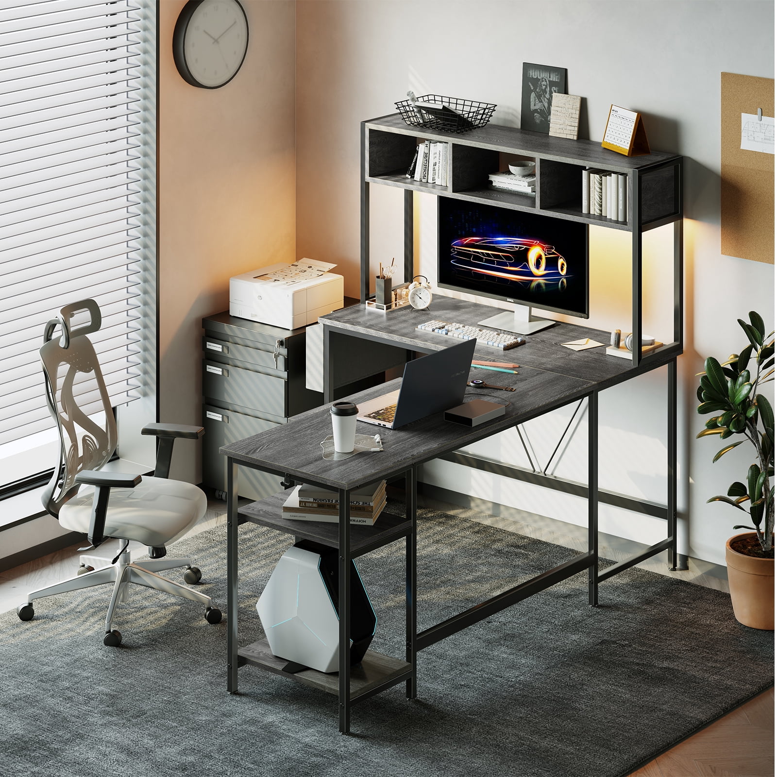 CONCETTA 67" Modern L-Shaped Gaming Desk with LED Lights and Power Outlets, Computer Desk with Drawer, Keyboard Tray for Monitors, Black