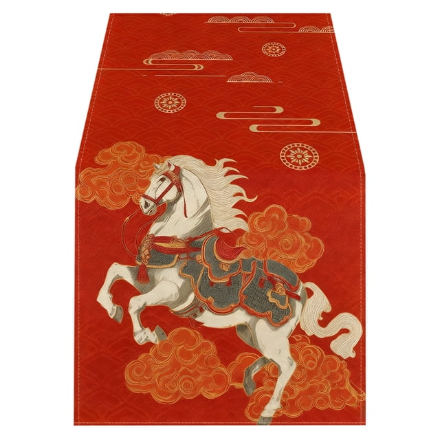 B Happy Chinese New Year 2026 Table Runner Linen Kitchen Dining Table Decorations For Family Gatherings 47.2X13 Inches Design B
