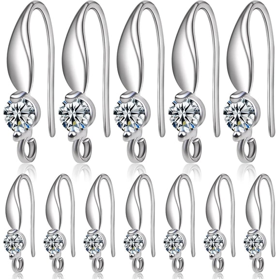 12pcs Silver Plated Rhinestone Earring Hooks Brass Ear Wire Fish Hooks with Open Loop Round Rhinestone Earring Components for Women DIY Earrings Jewelry Making