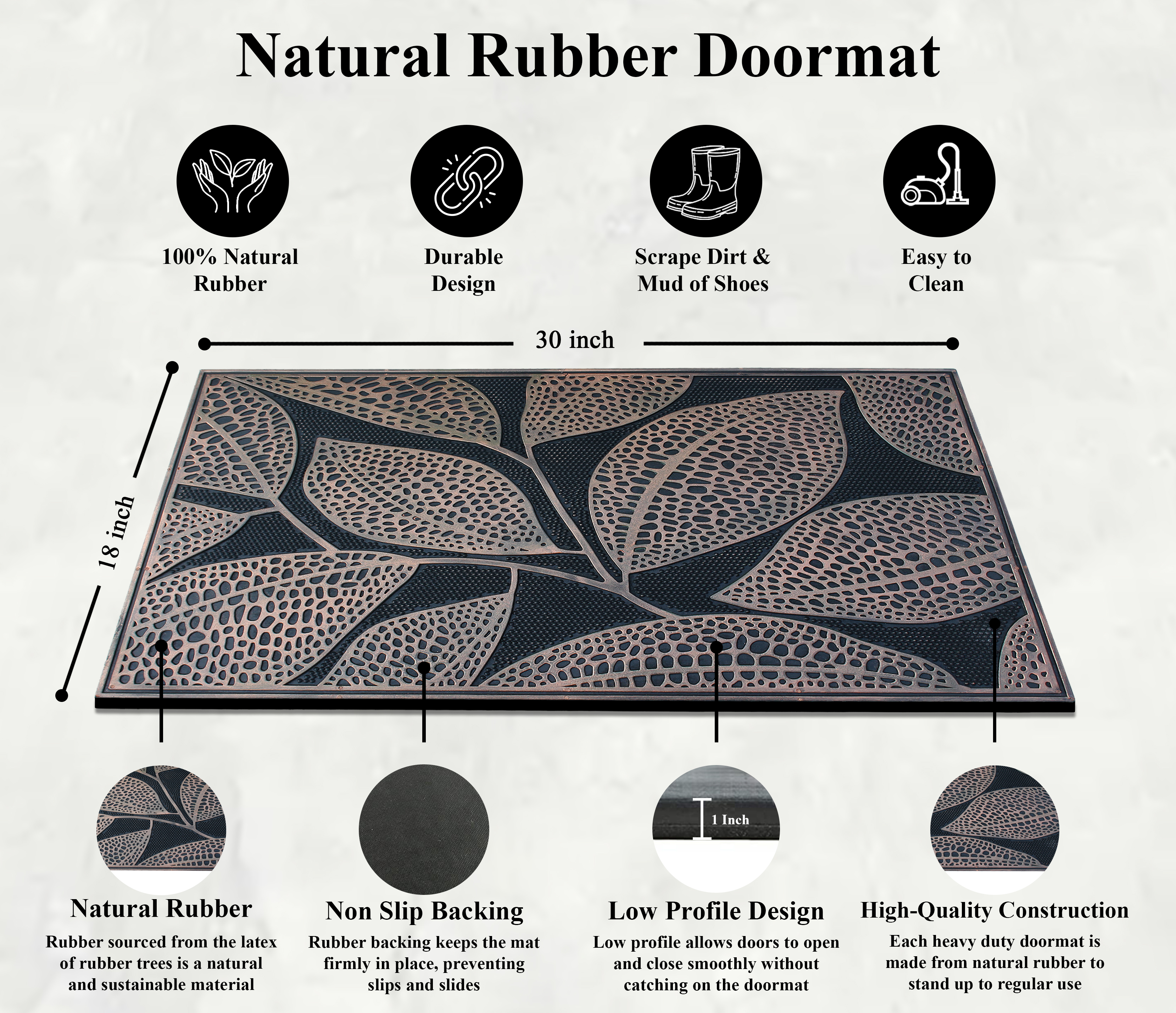 A1HC 18"x30" Rubber Pin Doormat with Copper Finish and Leaf Design for Entryway, Indoor & Outdoor, Non-Slip, Heavy Duty