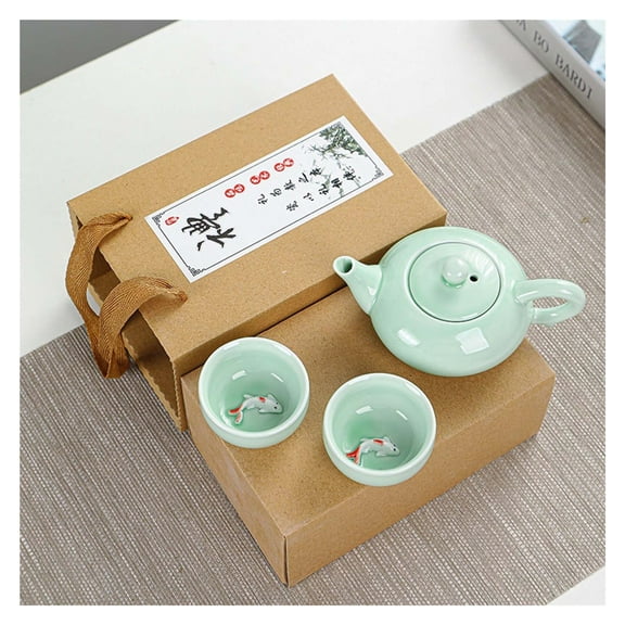 Serene Celadon Koi Fish Tea Set, Complete Teapot & Cups for an Authentic Tea Experience