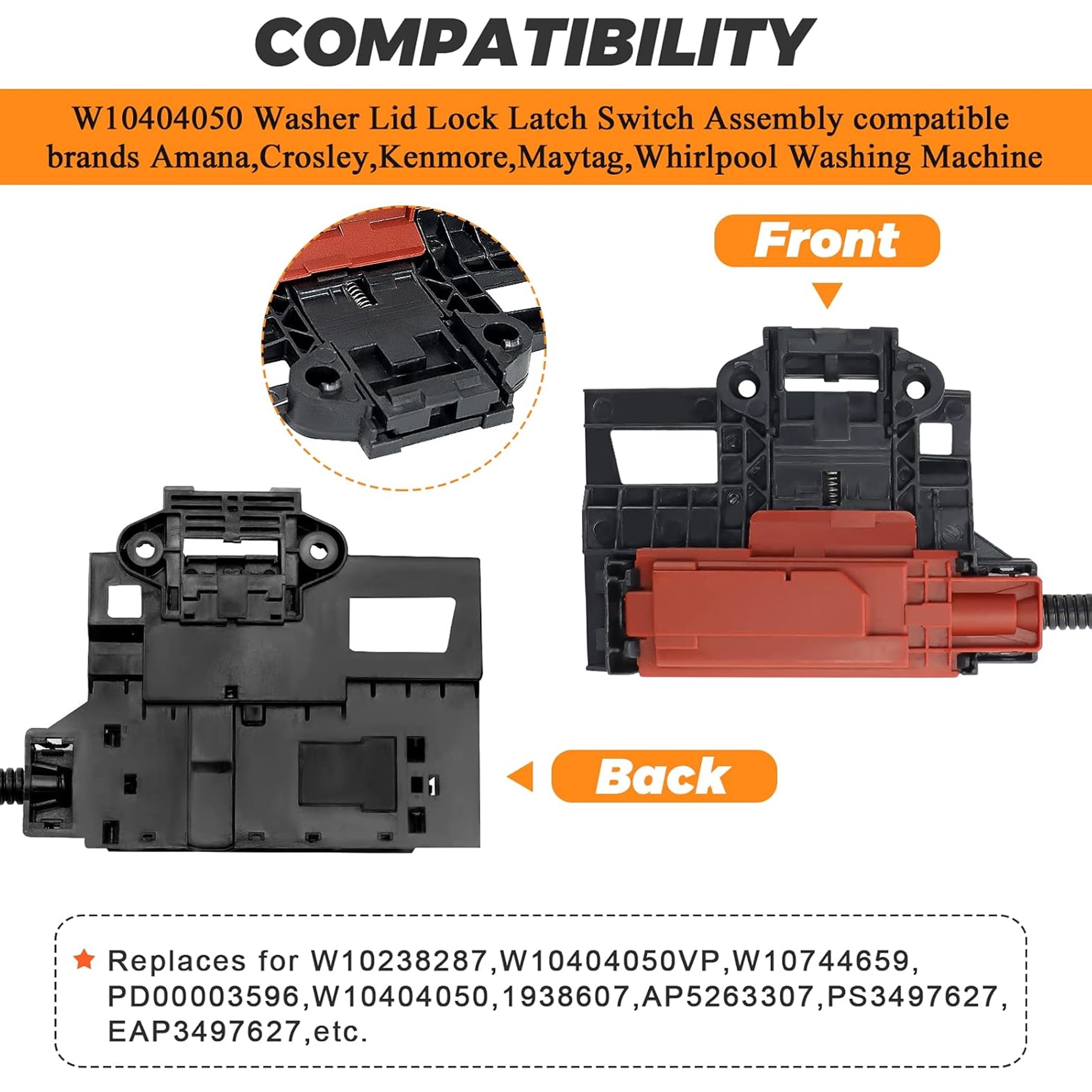 W10404050 W10238287 Washer Lid Lock Latch Switch Assembly Fit for Whirlpool Kenmore Amana Crosley Washing Machine Replace AP5263307 W10744659 PS349762