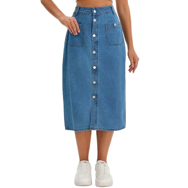 Falda de mezclilla para mujer INSPIRE CHIC, con botones en la parte delantera, abertura, con bolsillos, de cintura alta, falda lápiz midi, falda de mezclilla XL azul