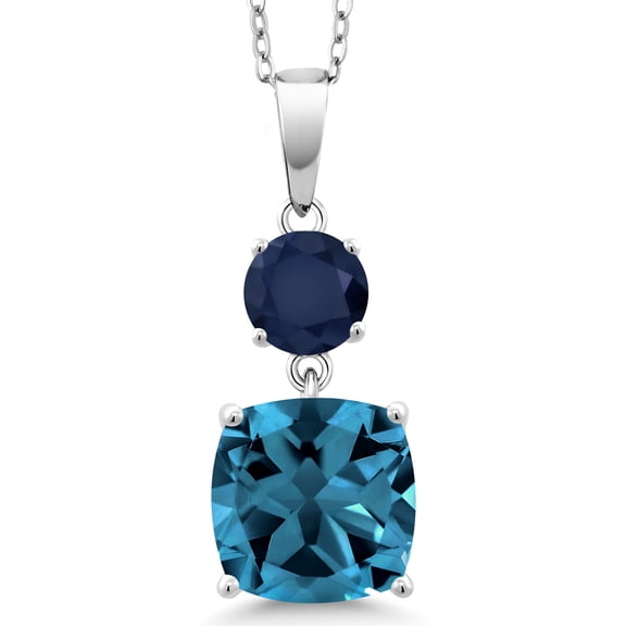 Gem Stone King 925 Sterling Silver London Blue Topaz and Blue Sapphire Pendant Necklace for Women (6.30 Cttw, Gemstone November Birthstone, Cushion 10MM, Round 6MM)