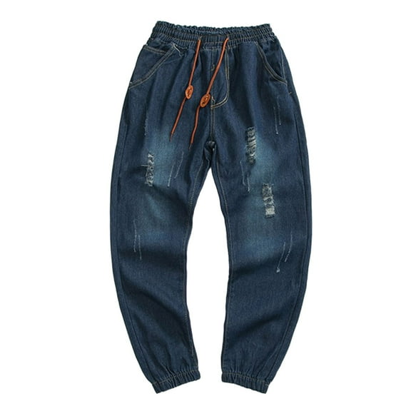 Mens Casual Jogger Jeans With Drawstring Plus Size Ripped Distressed Streetwear Clothes