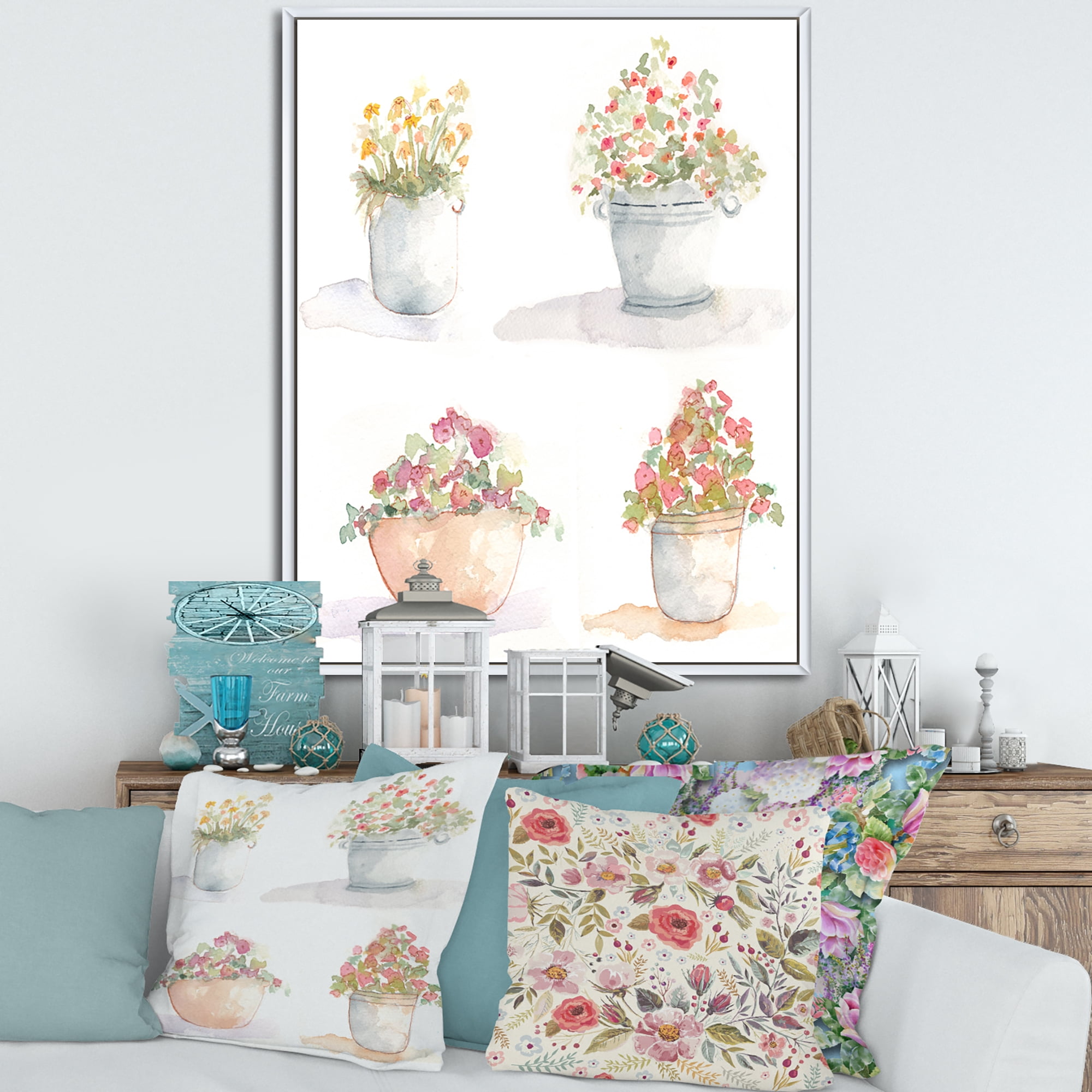 Designart 'Abstract Four Outdoor Flower Pots' Traditional Framed Canvas Wall Art Print