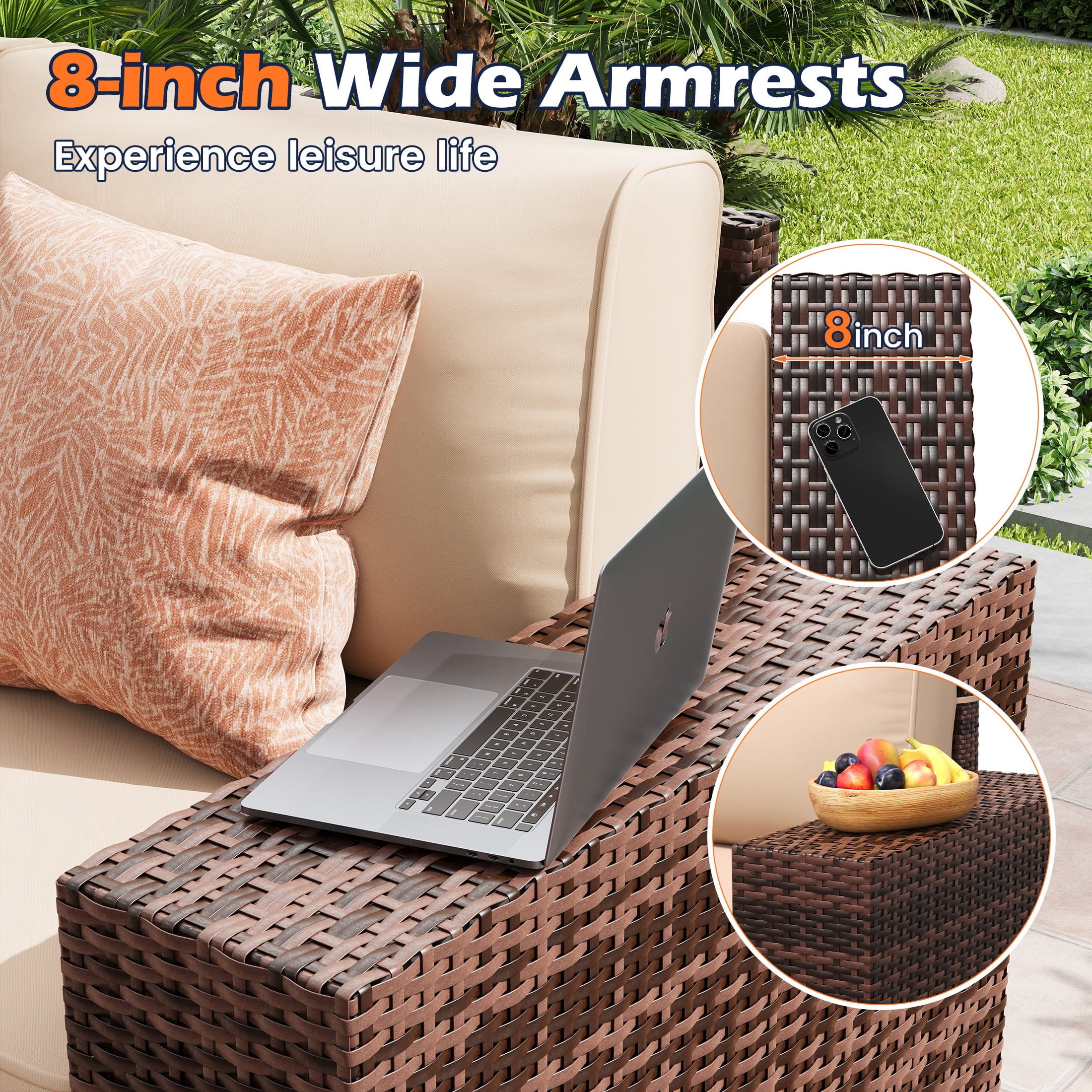 UDPATIO Patio Furniture Set with Fire Pit Table, Outdoor Patio Sofa Set With Wide Armrest, All-Weather Wicker Rattan Guest Set With Cushion And Glass Table And Waterproof Cover, Brown&Khaki
