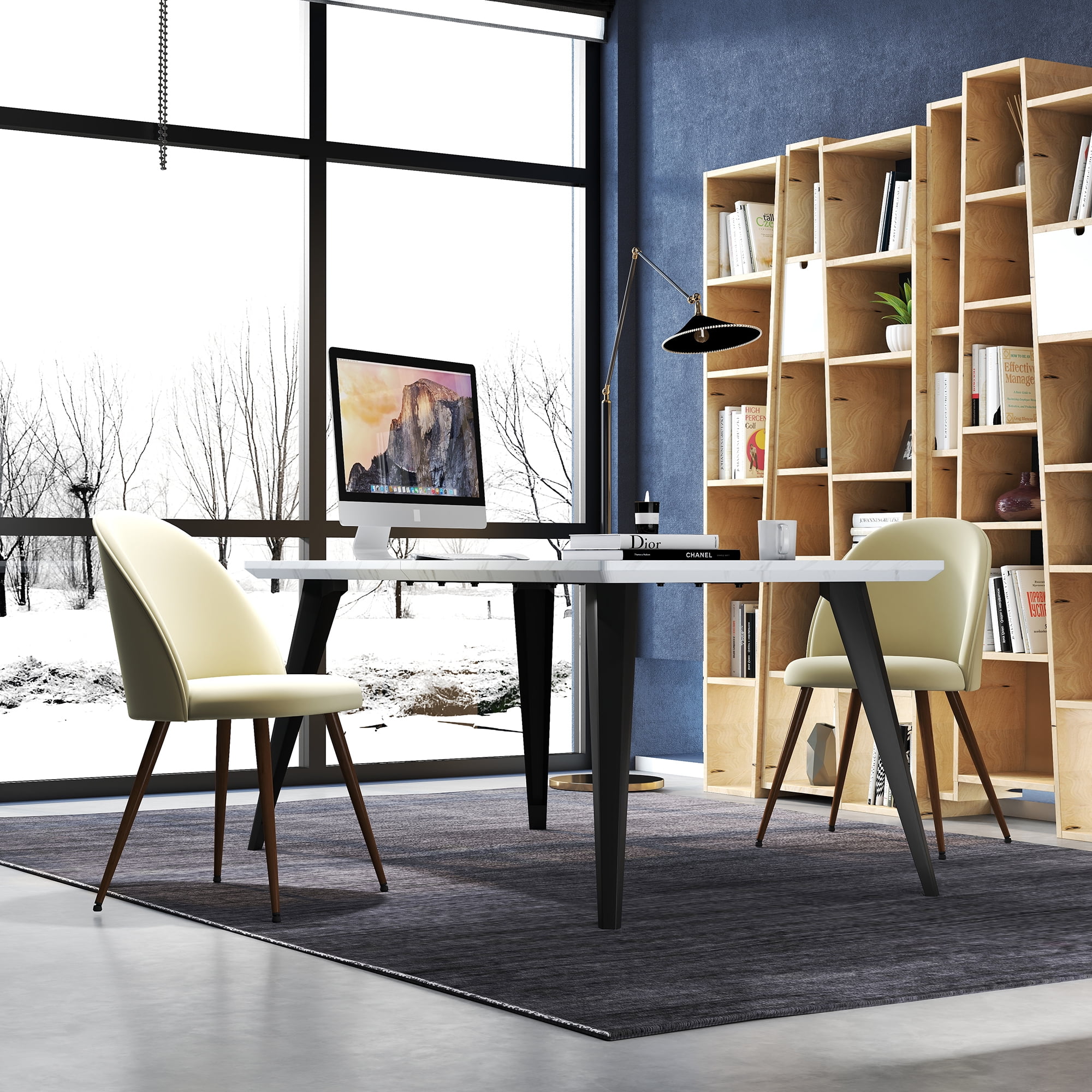 Homy Casa Set of 2 Modern Office Chair Pair, Beige Fabric Upholstered Curved Back