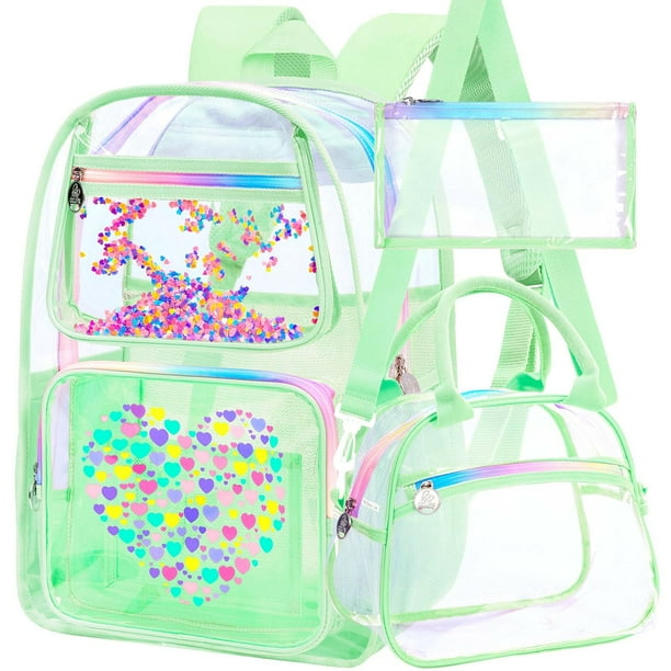 Mochila Transparente AGSDON para Niñas con Bolsa de Almuerzo Verde Amor 3PCS