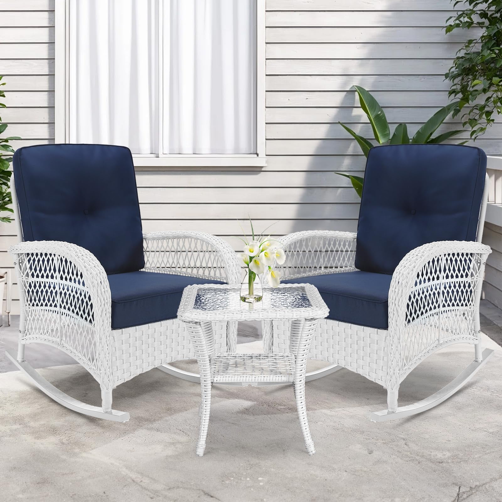 VIVIJASON 3-Piece Outdoor Conversation Bistro Set, Patio Wicker Rocking Chairs Rattan Furniture Sets w/ 2 Rattan Chairs, Cushions, Glass Top Side Table for Garden Porch Backyard (White/Navy Blue)