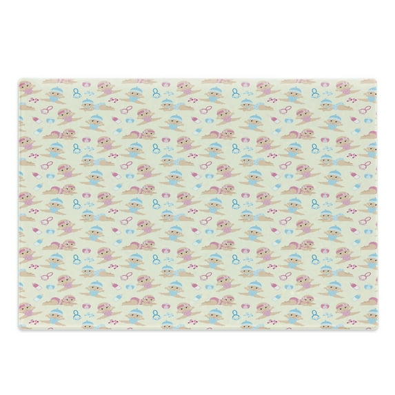 Cartoon Cutting Board, Boy Girl Crawling Lying down Rattle Ball Milk Bottle Pattern Brother Sister, Decorative Tempered Glass Cutting and Serving Board, Large Size, Ivory Pink Blue, by Ambesonne