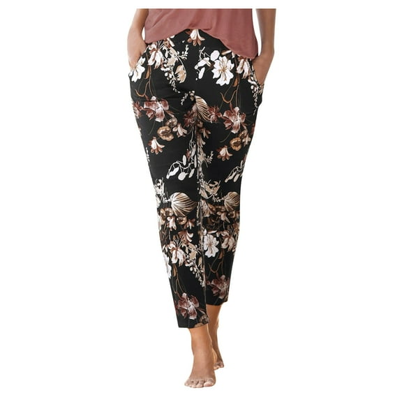XIAOCHA Womens Floral Print Tapered Pants Relaxed Fit Ankle Length Elastic Waist Dress Pants Airy Elegant Vacation Pants