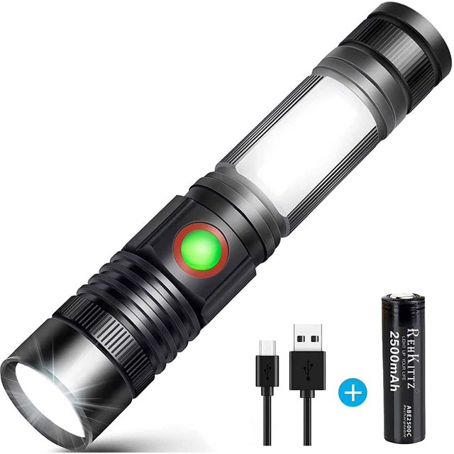 Lampe Torche LED Lampe de Poche USB Rechargeable Puissante Lampe à Raclette Militaire Torche Portable Zoomable pour Garage Auto Atelier Camping DIY (18650 Batterie Rechargeable Incluse et Magnétique en Bas)