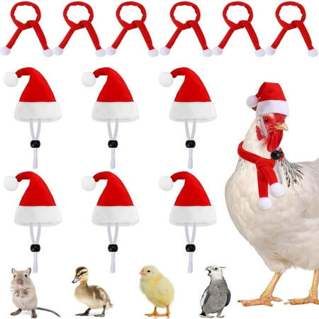 Dalrosia 12PCS Christmas Pet Chicken Hat Scarf Bowtie Set Mini Santa Plaid Hat Scarf Xmas Small Animal Red Green Gray Hat with Adjustable Chin Strap for Hen Bunny Guinea Pig Hamster