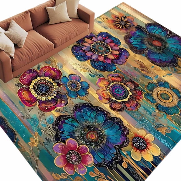 8x10 Area Rugs for Living Room, Vintage Purple Floral Non Slip Area Rugs for Kitchen Bedroom Entryway, Retro Flowers Ethnic Abstract Art Washable Carpet Runner Rug Floor Mats for Bedroom Home Decor