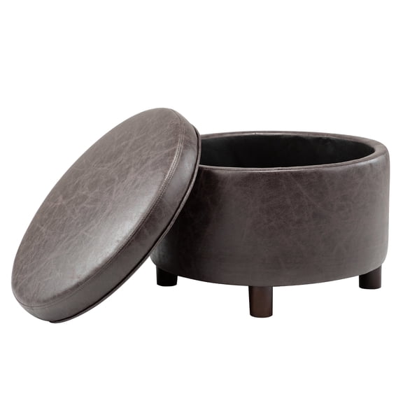 Classic Round Storage Ottoman Footstool with Removable Lid, Upholstered Faux Leather/Fabric, Wooden Legs for Living Room & Bedroom