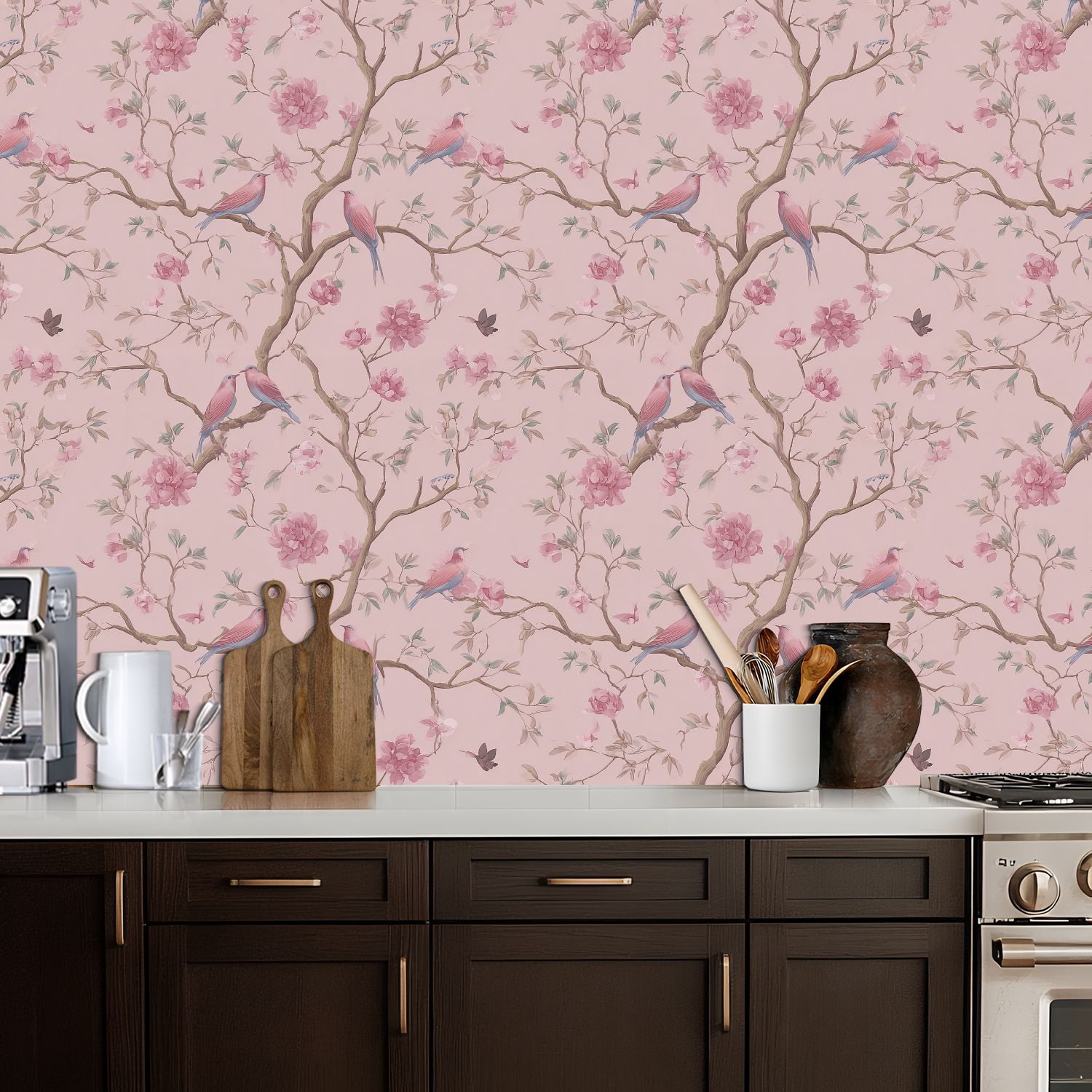 Peel and Stick Wallpaper Delicate Pink Floral Bird Branches Soft Pastel Colors Wall Mural 17.7in x 9.8ft Self Adhesive Removable Wall Paper Renter Friendly Wallpaper for Nursery Bedroom Cabinets