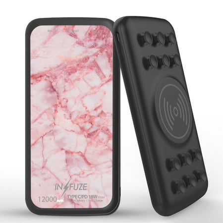 

INFUZE Qi Wireless Portable Charger for OnePlus 9 Pro External Battery (12000 mAh 18W Power Delivery USB-C/USB-A 3.0 Ports Suction Cups) with Touch Tool - Pink Marble