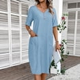 thumbnail image 6 of Women's Plus Size Dress Casaul Button Short Sleeve V-Neck Loose Solid Color Summer Beach Midi Dress with Two Pockets Light Blue S-2XL, 6 of 8