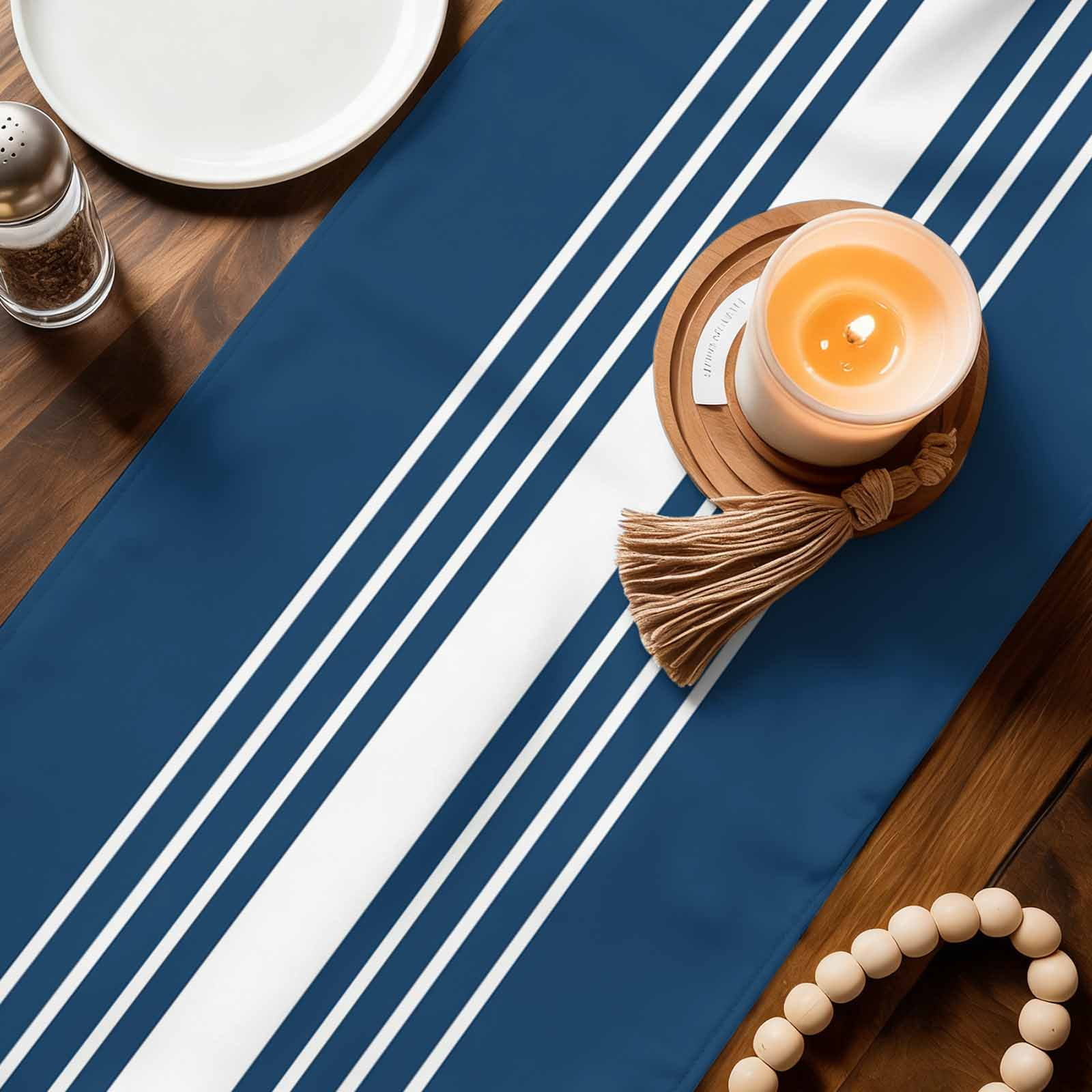 Navy Blue White Stripe Table Runner Linen Burlap Table Runner 90 Inches Long Modern Rustic Vertical Striped Dresser Scarves for Kitchen Island Coffee Dining Room Party Holiday Decoration 13"x90"