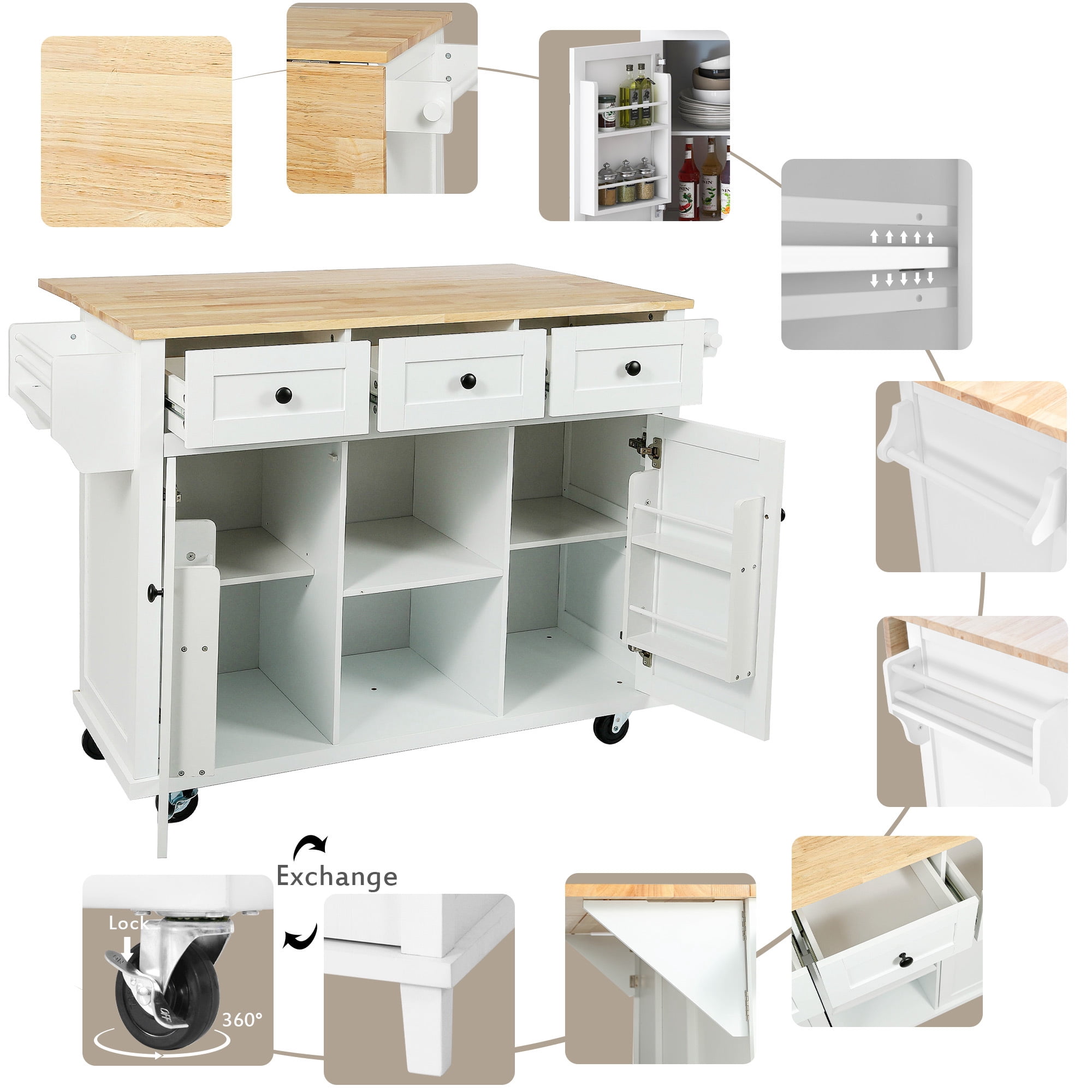 53.1"W Moveable Kitchen Island with Storage, Portable Kitchen Storage Cart with Drop Leaf, Rolling Kitchen Island with Drawers and Shelves for Kitchen, Dining Room