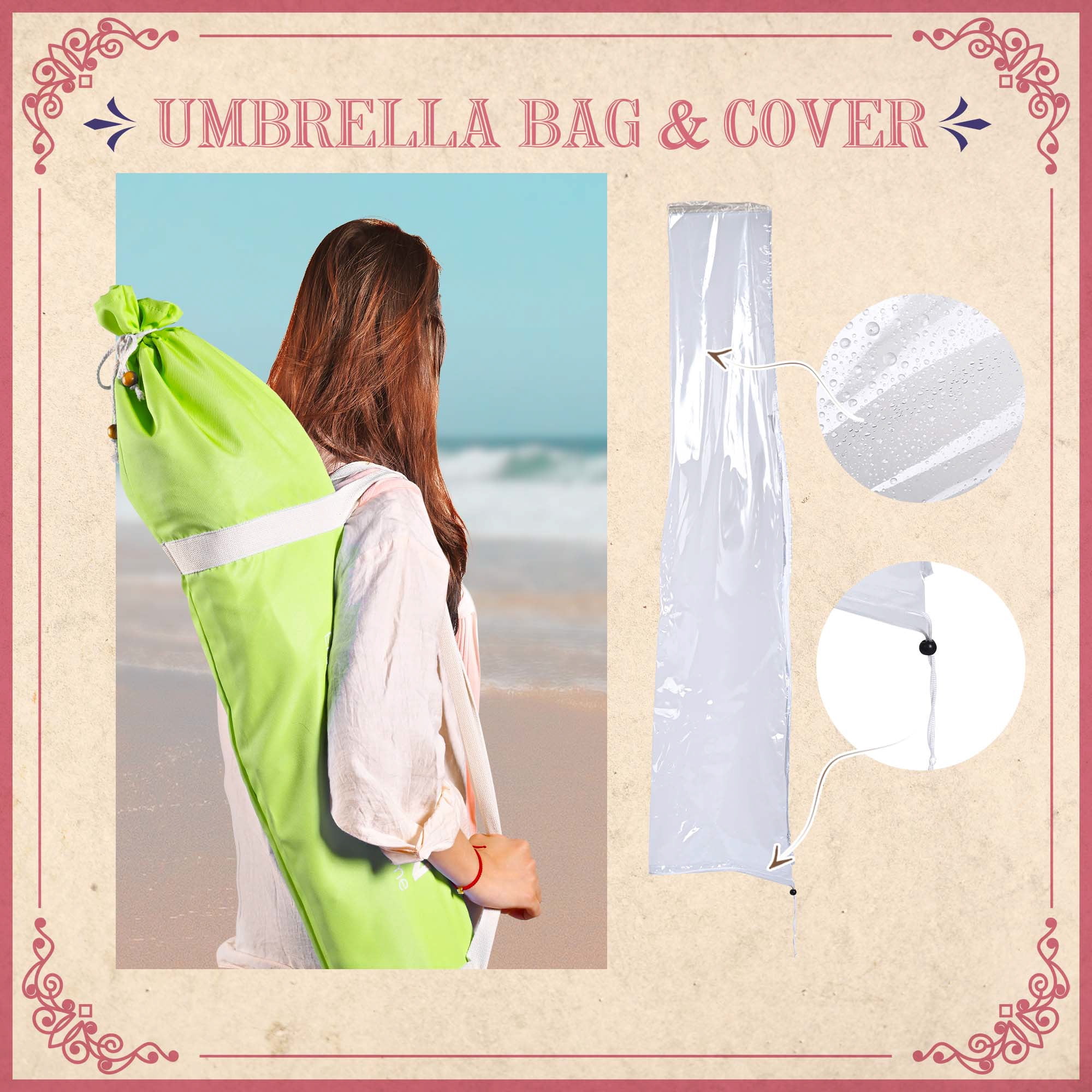 LAGarden 6Ft Fringe Patio Umbrella with Tassels & Carry Bag 50 / 60s Vintage Style Umbrella Wood Green,Model: PS6-04