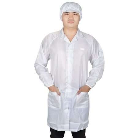 - Unisex White Elastic Cuff 2 Patch Pockets Anti Static Lab Smock Long Coat M