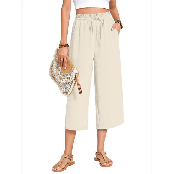 Women's Cropped Pants Drawstring Casual with Pockets Loose High Waisted Wide Leg Lounge Pants Cream White S