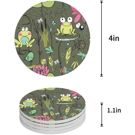 FMSHPON Frog Dragonfly Set of 6 Round Coaster for Drinks, Absorbent Ceramic Stone Coasters Cup Mat with Cork Base for Home Kitchen Room Coffee Table Bar Decor