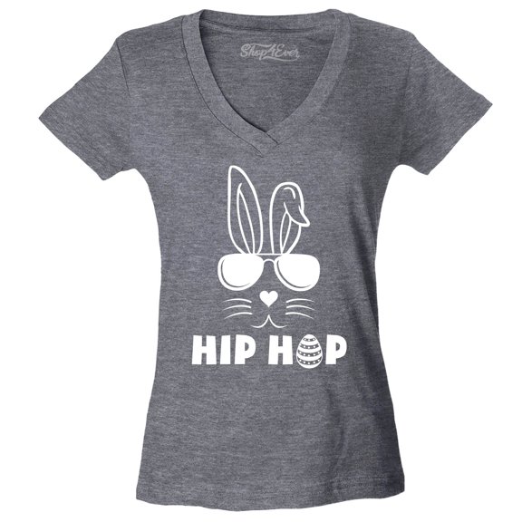 Shop4Ever Women's Hip Hop Bunny Rabbit Easter Slim Fit V-Neck T-Shirt X-Small Heather Charcoal