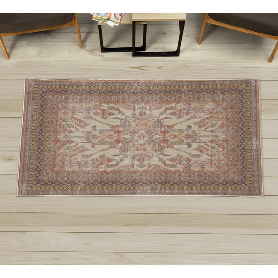 Vintage Decorative Rug, Caucasian Style Antique Ornaments Floral Blossoms and Geometric Details Damask, Quality Carpet for Bedroom Dorm and Living Room, 6 Sizes, Multicolor, by Ambesonne
