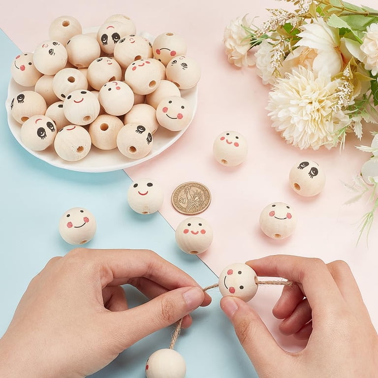 120PCS Smile Face Wood Beads - 20MM Round Natural Wooden Spacer Beads, 4.5MM Hole For Jewelry Making, Garland & DIY Crafts