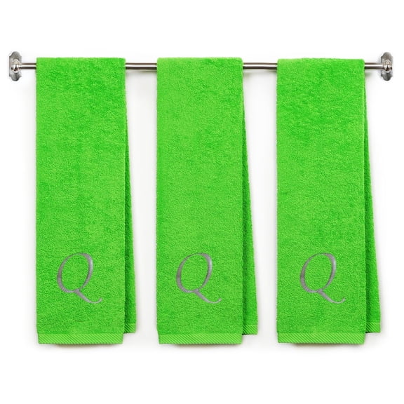 Embroidered Terry Cotton Gym Fitness Towel for Men, Women, Girls, Boys - Personalized Gift - 13 x 44 inches - 3-Pack - Lime Color Towel - Silver Script initial Q