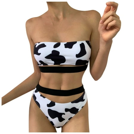 

COBKK Swimsuits For Women Push Up Bikinis Tops Women s Fashion Cow Print Split Swimsuit Solid Color Sexy Bikini Womens Swimsuits Strapless Casual Comfy Dressy Swimwear For Women Black M