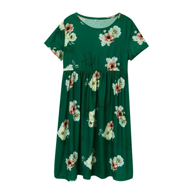 Cathalem Robes Filles Été Printemps Robe Été Coton Uni Midi Robe d'Été, Vert 140