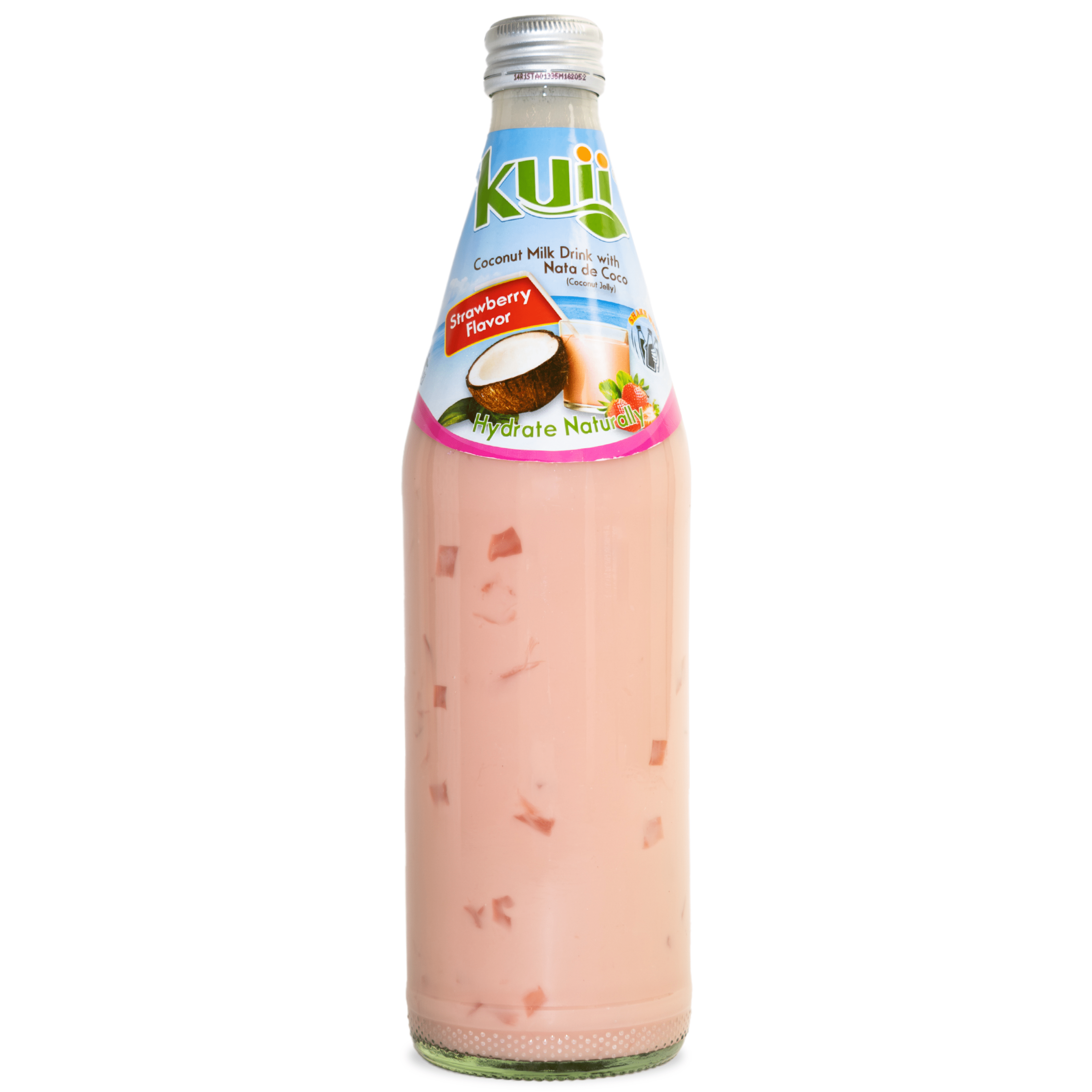 (12 pack) Kuii Drinks Coconut Milk with Nata de Coco, Strawberry, 485 mL Single Glass Bottle